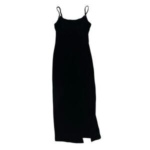 Cider Long Black Ribbed Slit dress with adjustable straps with Metal Star pin